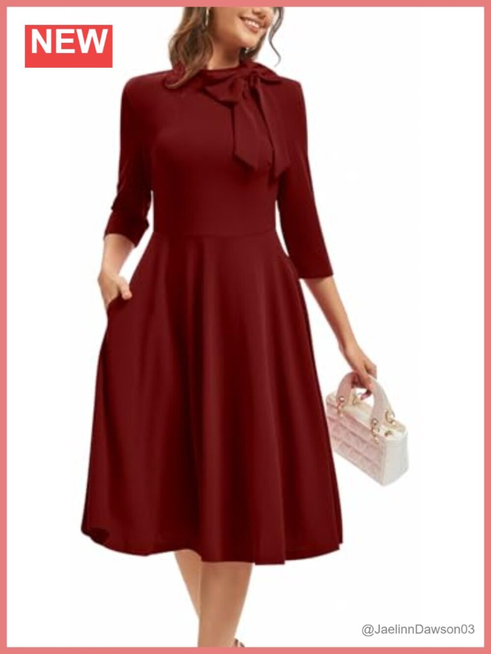 Womens Cocktail Party A-Line Flare Hem Dress with Pockets High Neck 3/4 Sleeve